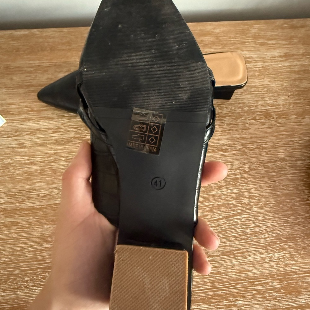 Black Pointed Toe Slip-On Mules with Gold Chain Accent - Picture 3 of 3